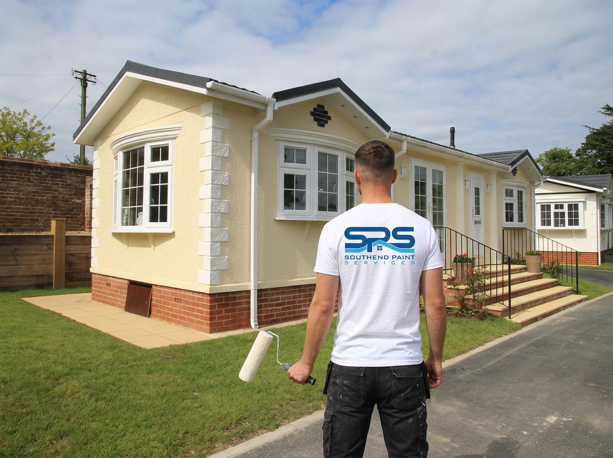 Southend Paint Services painter in branded white T-shirt at a park home