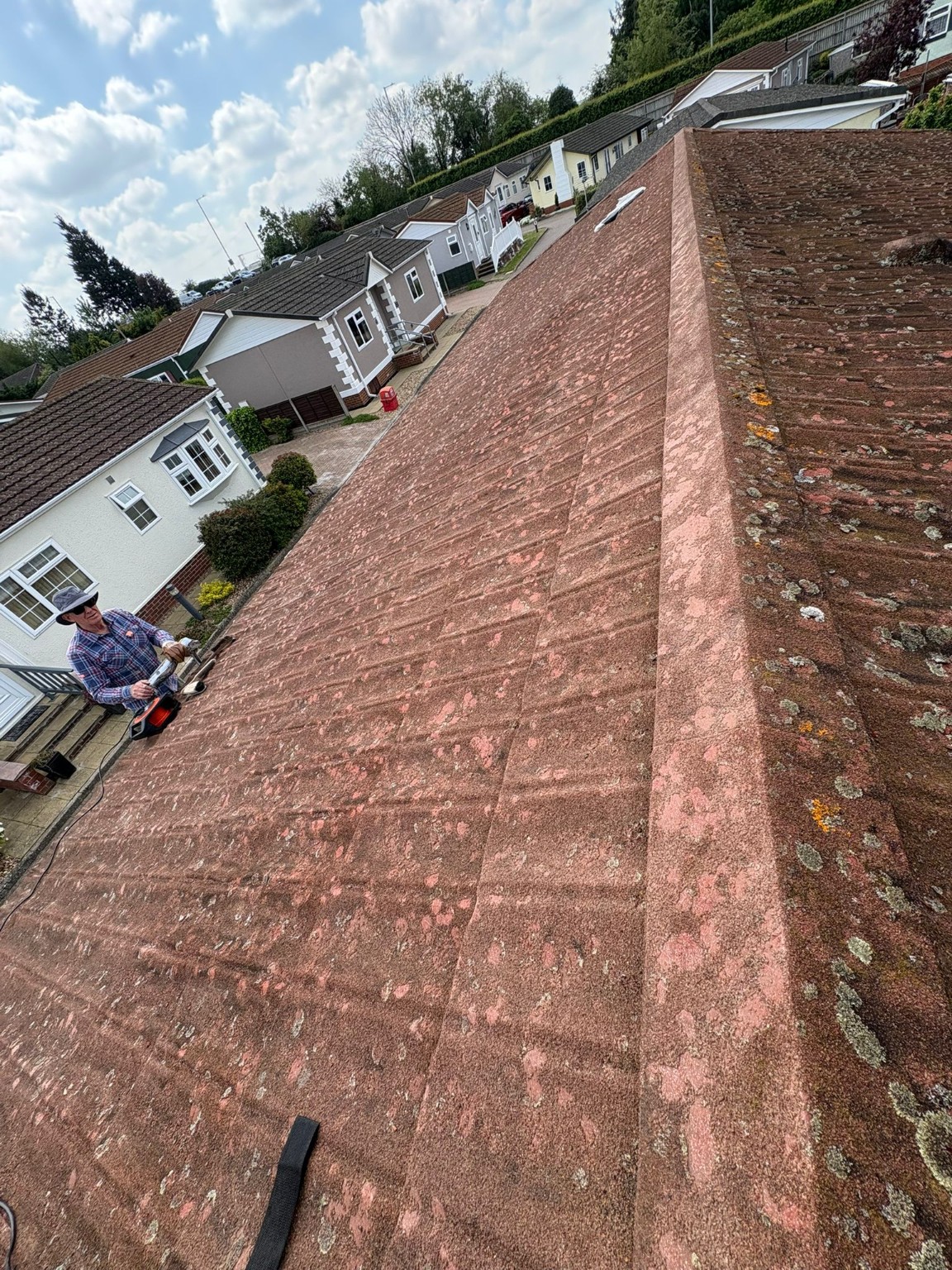 Park home roof after professional soft-wash cleaning